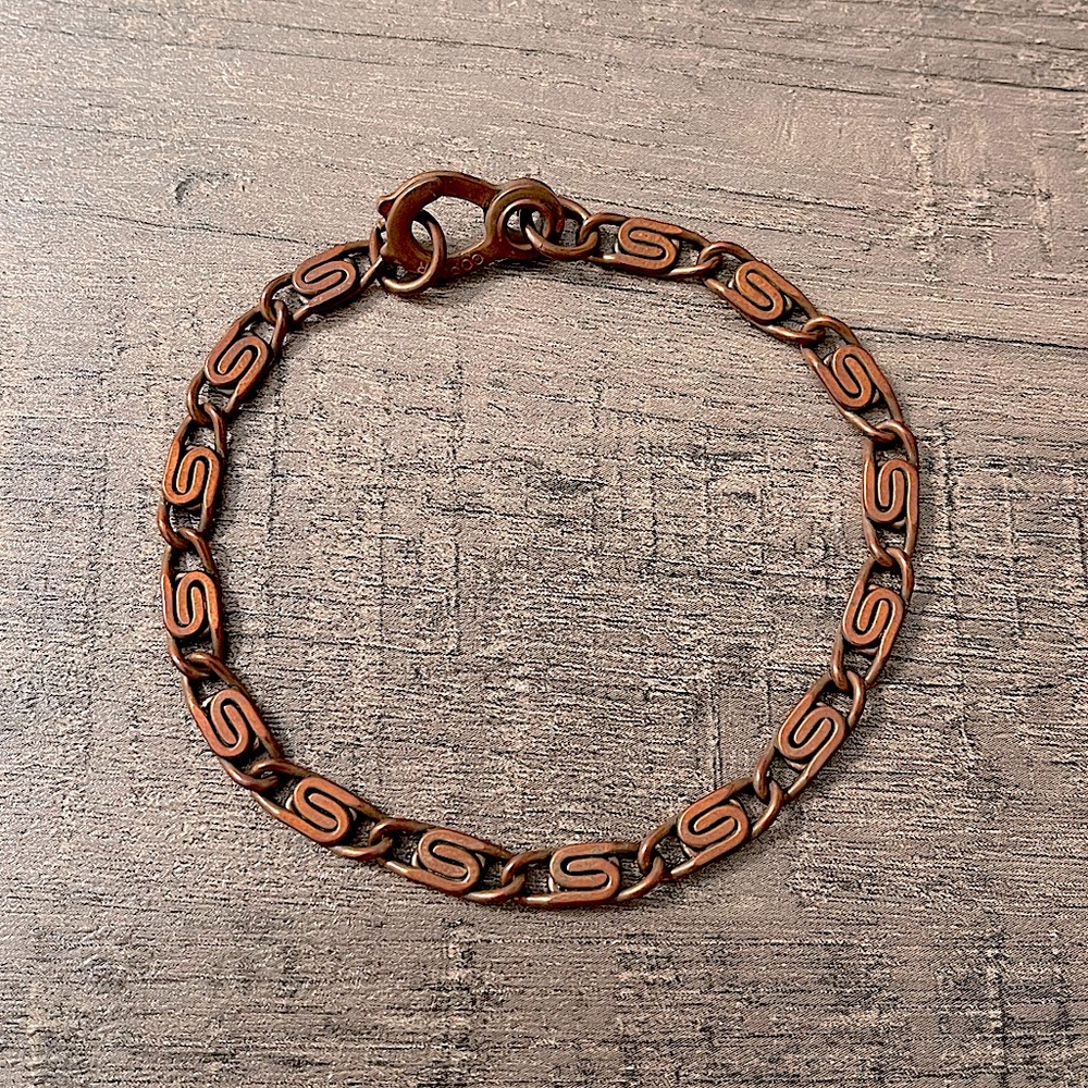 Vintage Copper Stamped Swirl Link Bracelet 7.5” Unisex